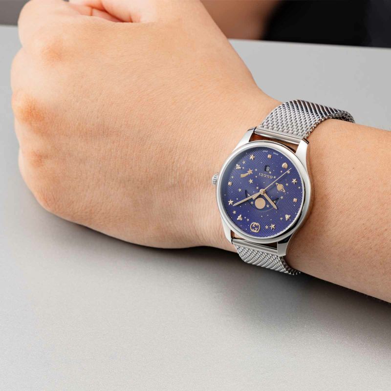 Gucci G-Timeless Motifs Moon Phase Blue Dial Silver Mesh Bracelet Watch For Men - YA126328