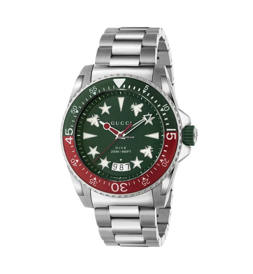 Gucci Dive Men's Watch Quartz Green Dial Silver Steel Strap - YA136222