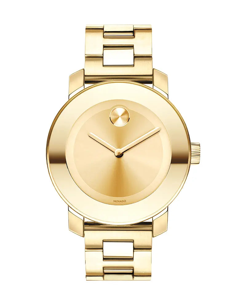 Movado Bold Yellow Gold Stainless Steel Swiss Quartz Movement Champagne Dial Yellow Gold Steel Bracelet Watch