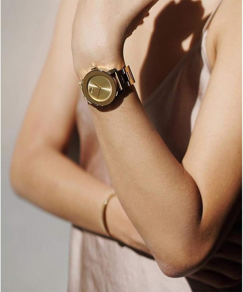 Movado Bold Yellow Gold Stainless Steel Swiss Quartz Movement Champagne Dial Yellow Gold Steel Bracelet Watch