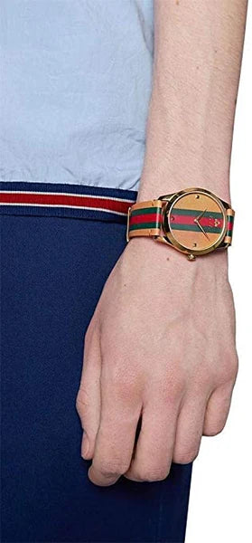 Gucci G-Timeless Gold Stainless Steel Quartz Brown (Stripe Motif) Dial Brown Leather (Stiped) Band Watch