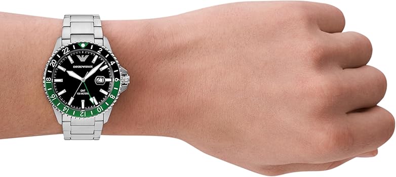 Emporio Armani GMT Silver Stainless Steel Black Dial Quartz Watch for Gents - AR11589