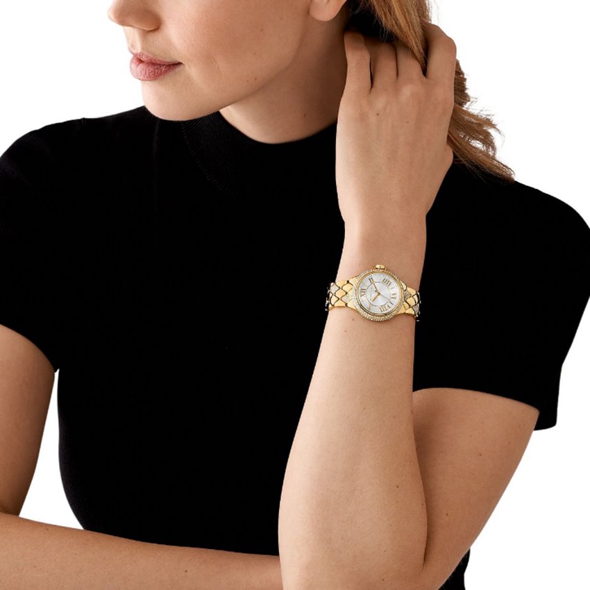 Michael Kors Ladies Mini Camille Pave Watch | 33mm | Silver Dial | Gold Bracelet MK4801