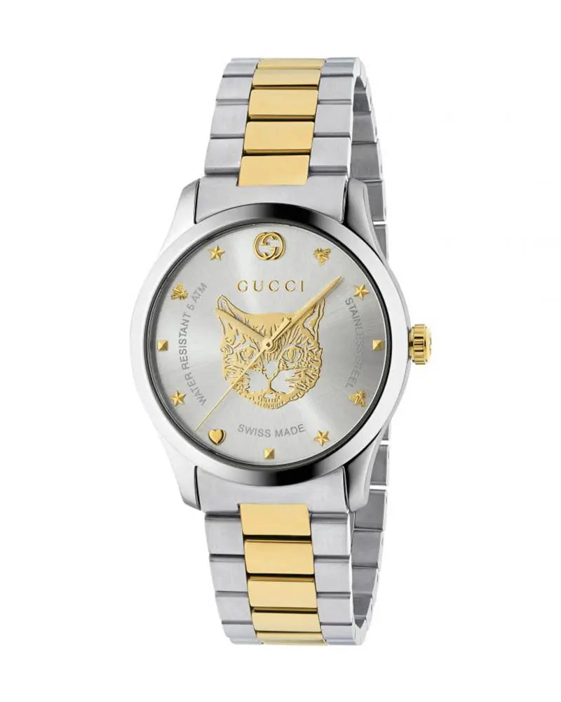 Gucci G-Timeless Silver/Gold Stainless Steel Quartz Silver (Tiger Face) Dial Silver/Gold Steel Bracelet Watch