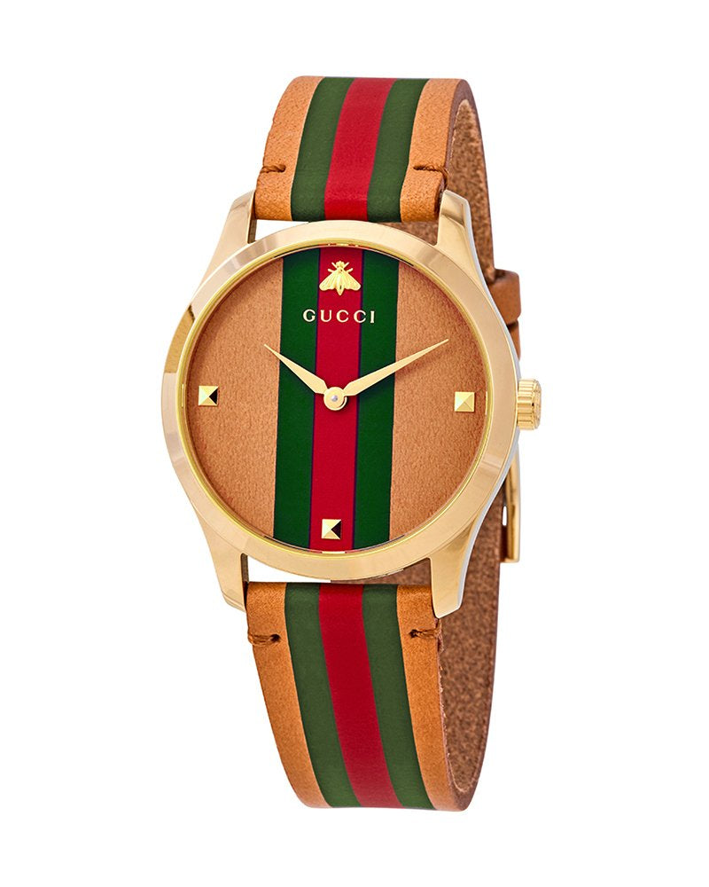 Gucci G-Timeless Gold Stainless Steel Quartz Brown (Stripe Motif) Dial Brown Leather (Stiped) Band Watch