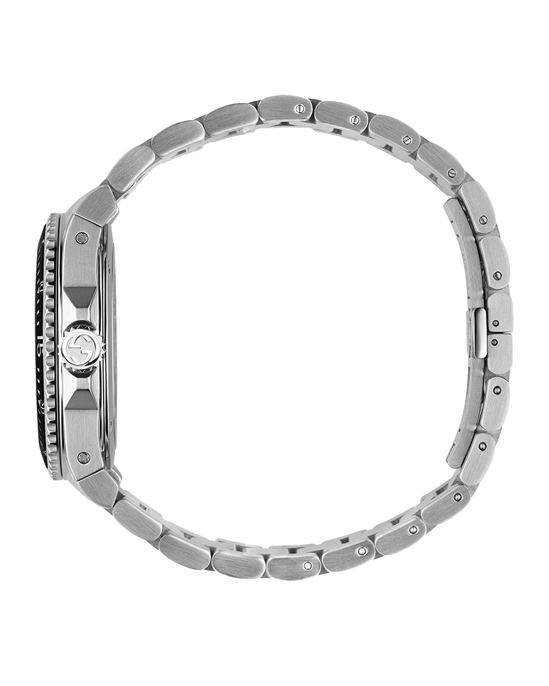 Gucci Dive Mens Silver Stainless Steel Quartz Black Dial Silver Stainless Steel Bracelet Watch