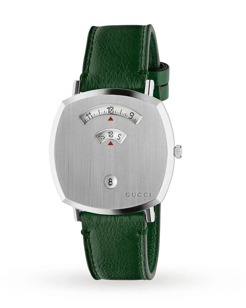 Gucci Grip Silver Stainless Steel Quartz Silver Dial Green Leather Band Watch YA157412