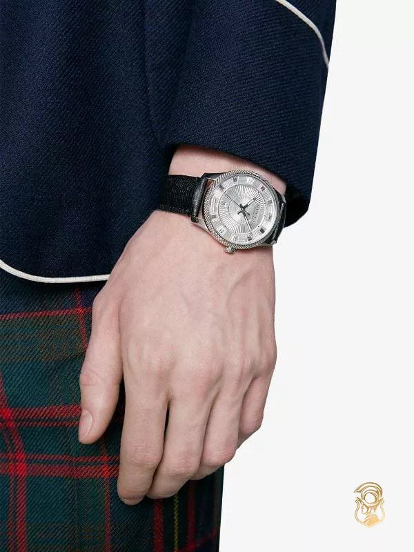 Gucci G Timeless Eryx Silver Dial Black Leather Strap Watch For Men - YA126338