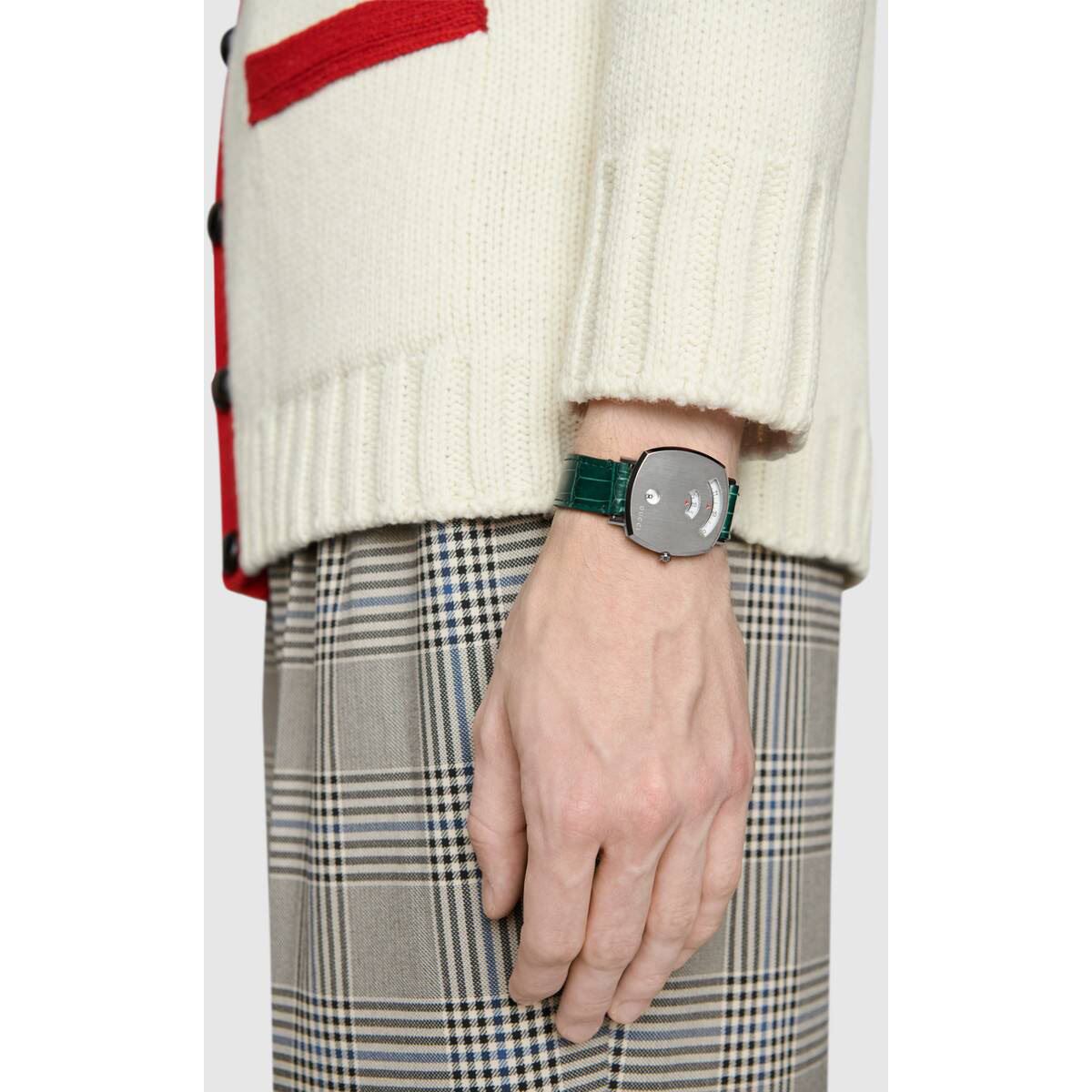 Gucci Grip Silver Stainless Steel Quartz Silver Dial Green Leather Band Watch YA157412