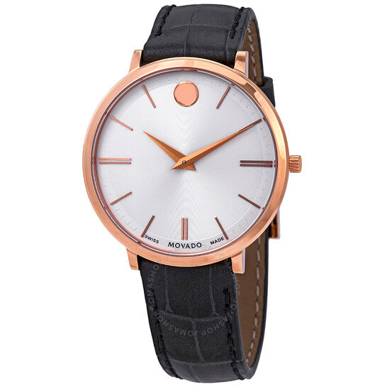 Movado Silver Dial Men's Black Leather Watch