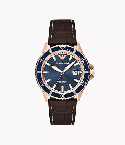 Emporio Armani Three-Hand Date Brown Leather Watch AR11556