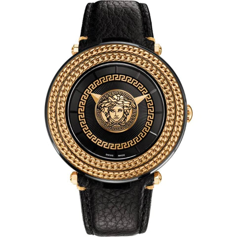 Versace V-Metal Black Leather Strap Gold Dial Quartz Watch for Gents – VQL 030015