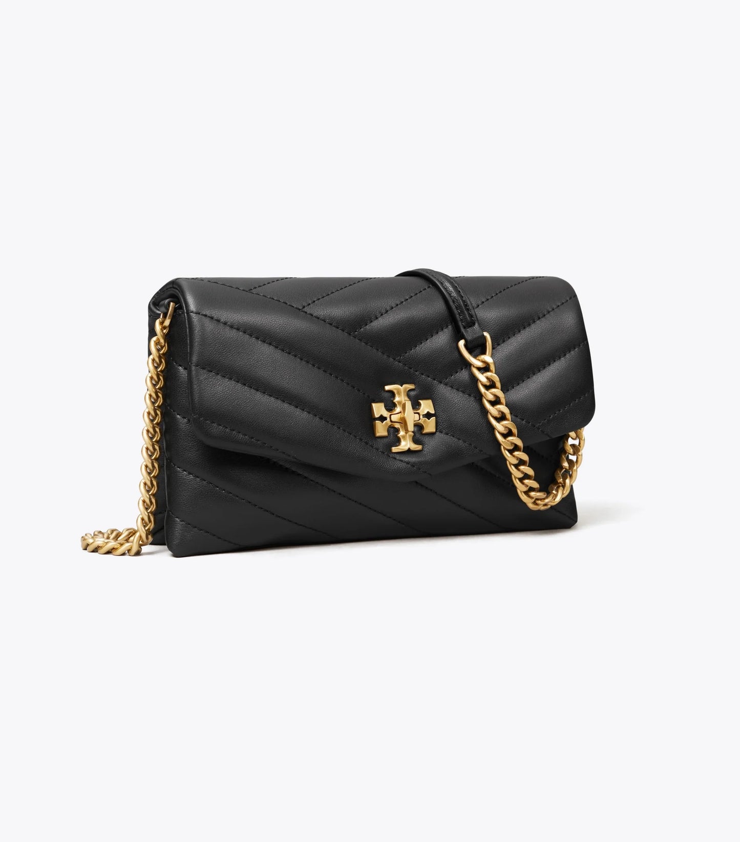 Tory Burch Kira Chevron Chain Wallet Black Gold Tone